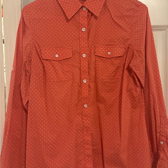 L.L. Bean Tops - L.L. Bean Coral/White Micro Dot Button-Front Shirt
